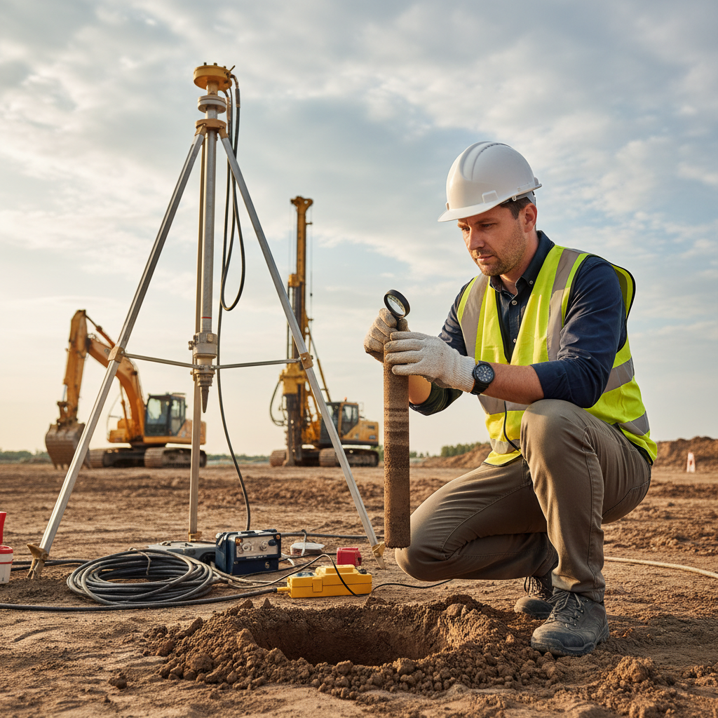 Geolog lub inżynier w kasku ochronnym, klęczący przy otworze wiertniczym na placu budowy. W rękach trzyma próbkę gruntu z rdzenia, uważnie ją analizując. W tle widać sprzęt do badań geotechnicznych.