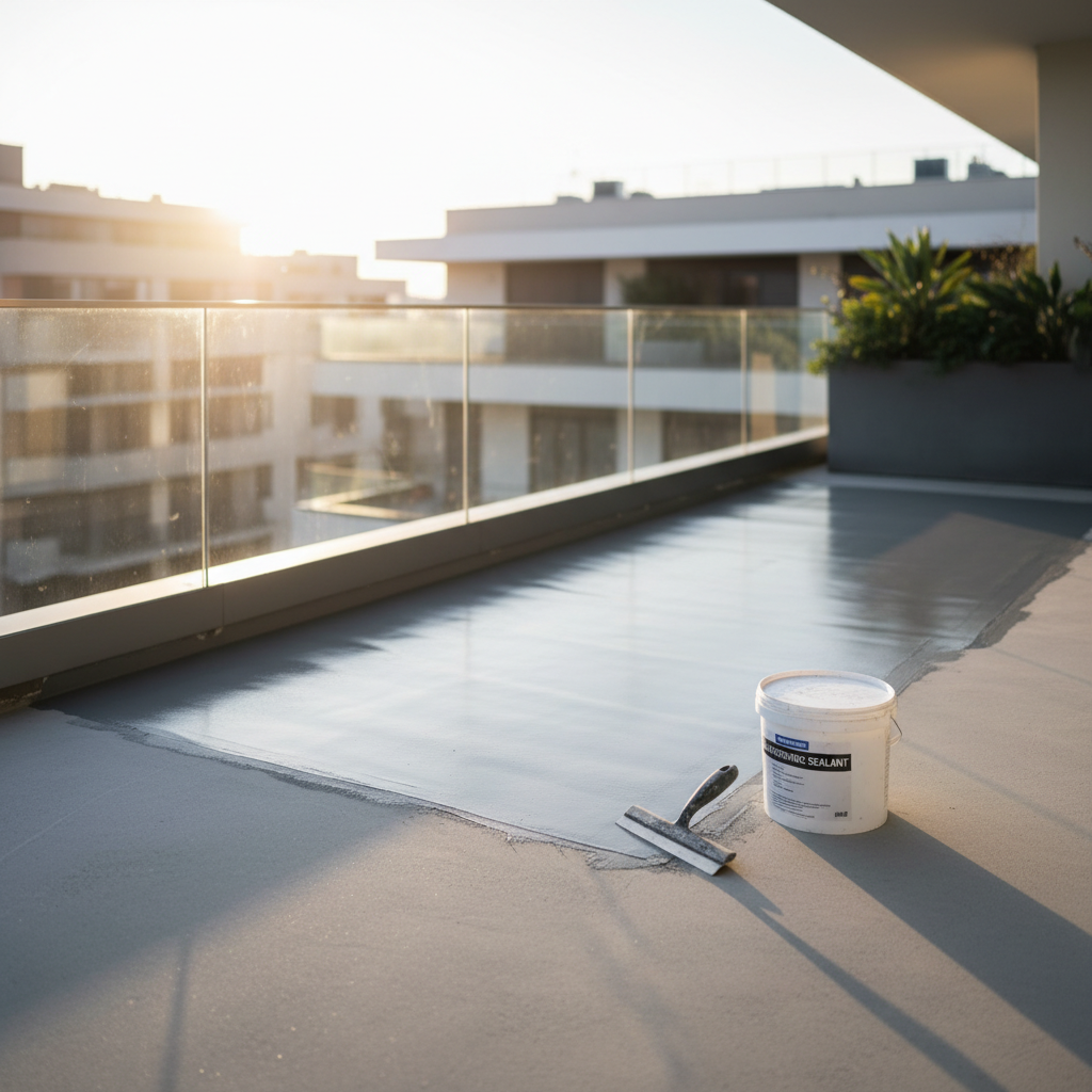 Estetyczne, szerokie ujęcie nowoczesnego tarasu lub balkonu na etapie wykończenia. Jeden z narożników jest już pokryty gładką, szarą warstwą elastycznej masy uszczelniającej. Obok leży paca i wiadro z produktem. Słońce delikatnie oświetla scenę, podkreślając czystość pracy i wysoką jakość zastosowanych materiałów.