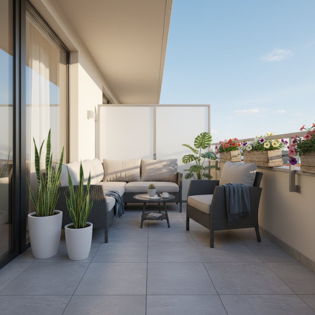 Szerokie ujęcie pięknie zaaranżowanego, nowoczesnego balkonu w ciągu dnia. Widoczne są eleganckie, duże, szare płytki podłogowe, stylowe meble ogrodowe (np. sofa z technorattanu z miękkimi poduszkami), kilka zielonych roślin w minimalistycznych donicach. W tle widać fragment elewacji budynku i błękitne niebo. Całość tworzy wrażenie estetycznej, funkcjonalnej i relaksującej przestrzeni.