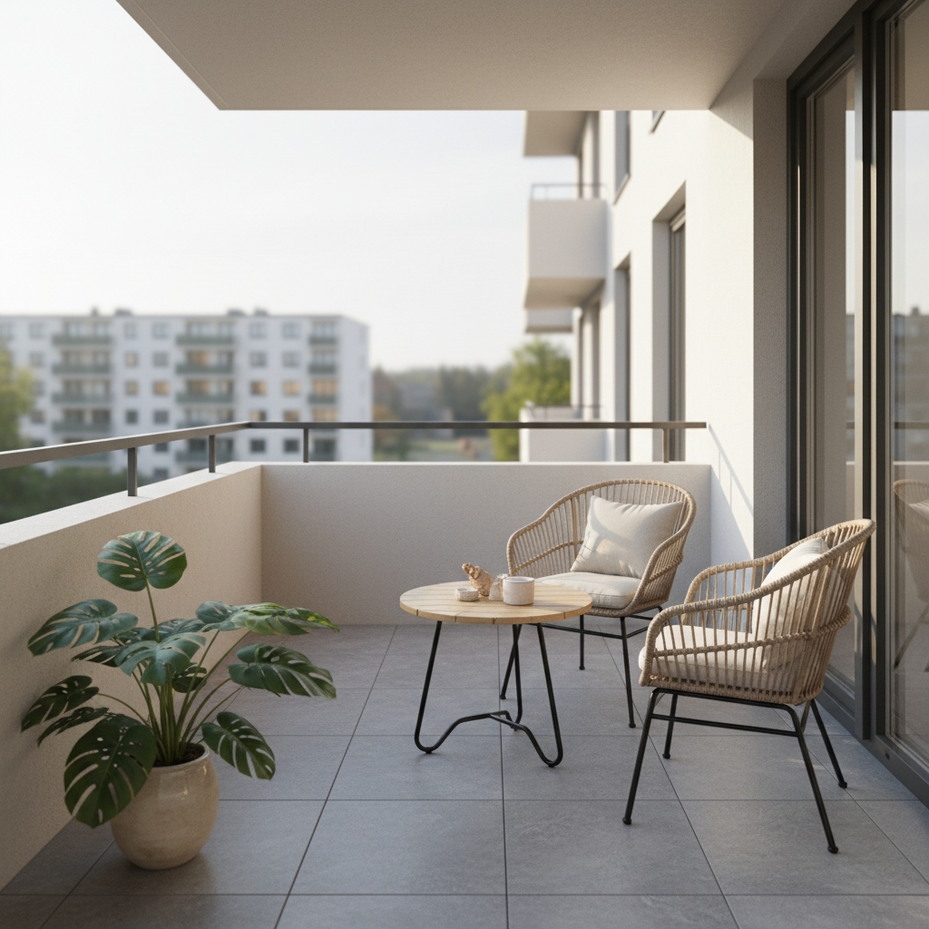 Nowoczesny, odnowiony balkon w bloku mieszkalnym, zalany porannym słońcem. Na podłodze nowe, szare płytki. Na balkonie stoi mały stolik kawowy z dwoma krzesłami i doniczka z zieloną rośliną. Widok jest przytulny i relaksujący, tło lekko rozmyte, co symbolizuje udaną transformację.