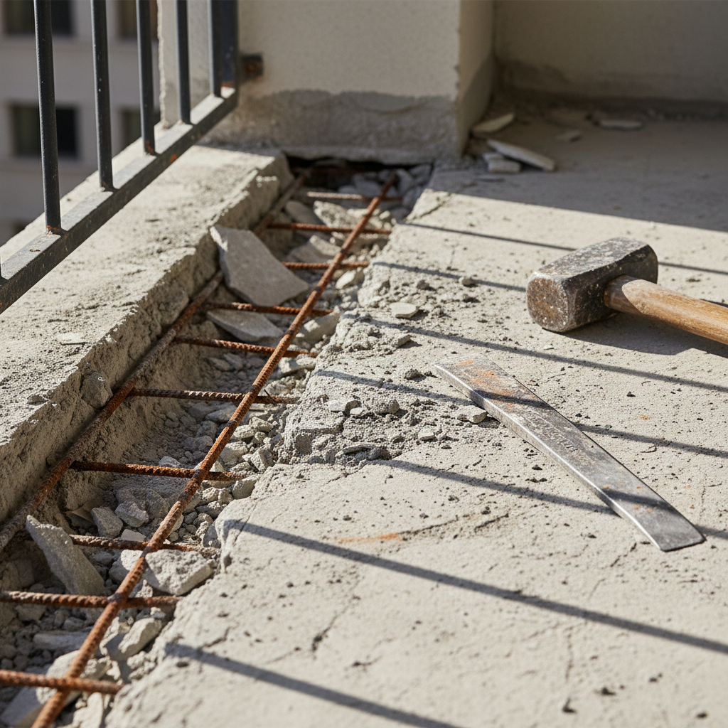 Zdjęcie przedstawiające fragment balkonu w trakcie remontu. Widać częściowo skutą posadzkę, odsłoniętą, surową płytę betonową z widocznymi prętami zbrojeniowymi. Obok leżą narzędzia takie jak młotek i przecinak. Ujęcie jest dynamiczne, skupione na detalach i fakturze zniszczonego betonu, sugeruje intensywną pracę przygotowawczą.