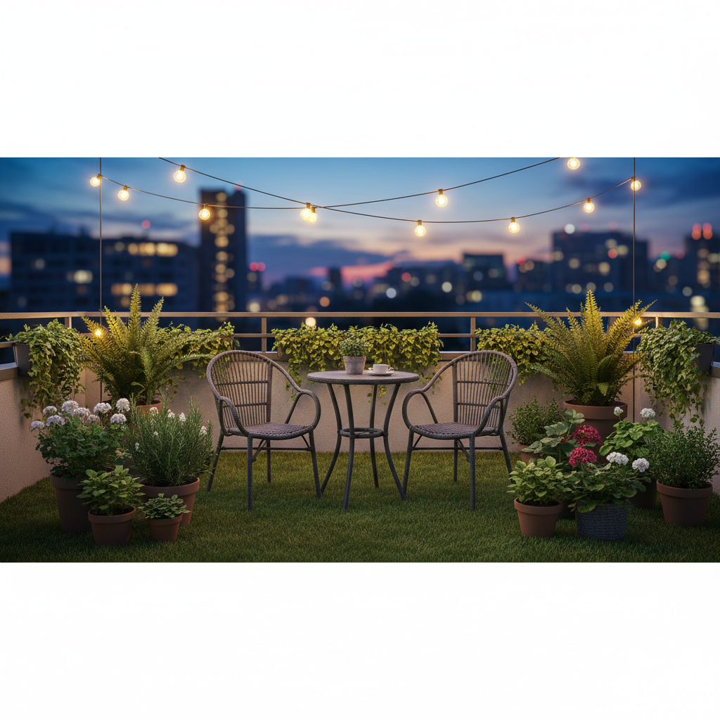 Przytulny, miejski balkon z podłogą wyłożoną realistyczną sztuczną trawą. Na trawie stoi mały, stylowy zestaw mebli balkonowych. Wokół widać liczne rośliny doniczkowe, a nad nimi rozwieszone są girlandy świetlne typu 