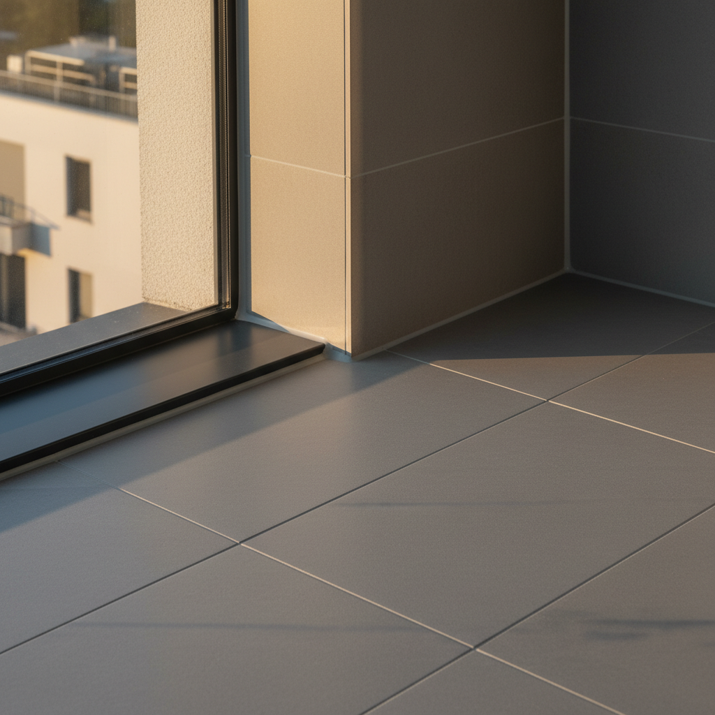 Zbliżenie na detal wykończonego narożnika balkonu. Widać idealnie położone, nowoczesne płytki, czystą, równą fugę oraz estetyczne połączenie posadzki z cokolikiem na ścianie, uszczelnione silikonem. Krawędź balkonu jest wykończona elegancką, grafitową obróbką blacharską. Całość jest skąpana w ciepłym, popołudniowym słońcu.