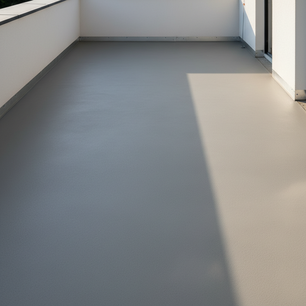 Czyste, minimalistyczne ujęcie świeżo wykonanej wylewki cementowej na balkonie. Powierzchnia jest idealnie gładka, jednolita, w kolorze jasnoszarym. Widać delikatnie zaznaczony spadek w kierunku krawędzi. Słońce rzuca długie cienie, podkreślając gładkość i precyzję wykonania. W tle widać fragment ściany i przygotowane miejsce pod montaż obróbki blacharskiej.