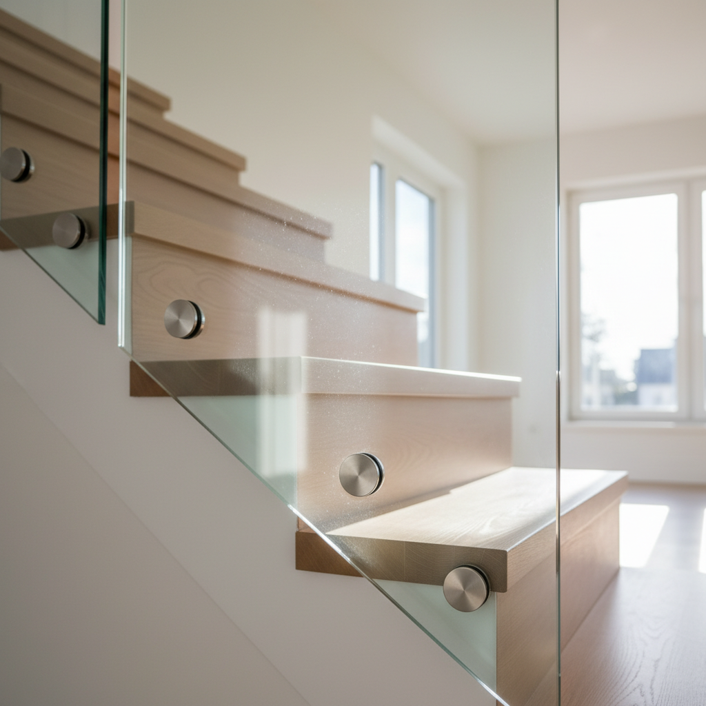 Zbliżenie na nowoczesną balustradę schodową wykonaną z grubego, hartowanego szkła, przymocowaną do boku drewnianych stopni za pomocą eleganckich, stalowych rotul. W tle widać rozmyte, jasne wnętrze. Promień słońca pada na szkło, tworząc subtelne refleksy i podkreślając czystość formy.