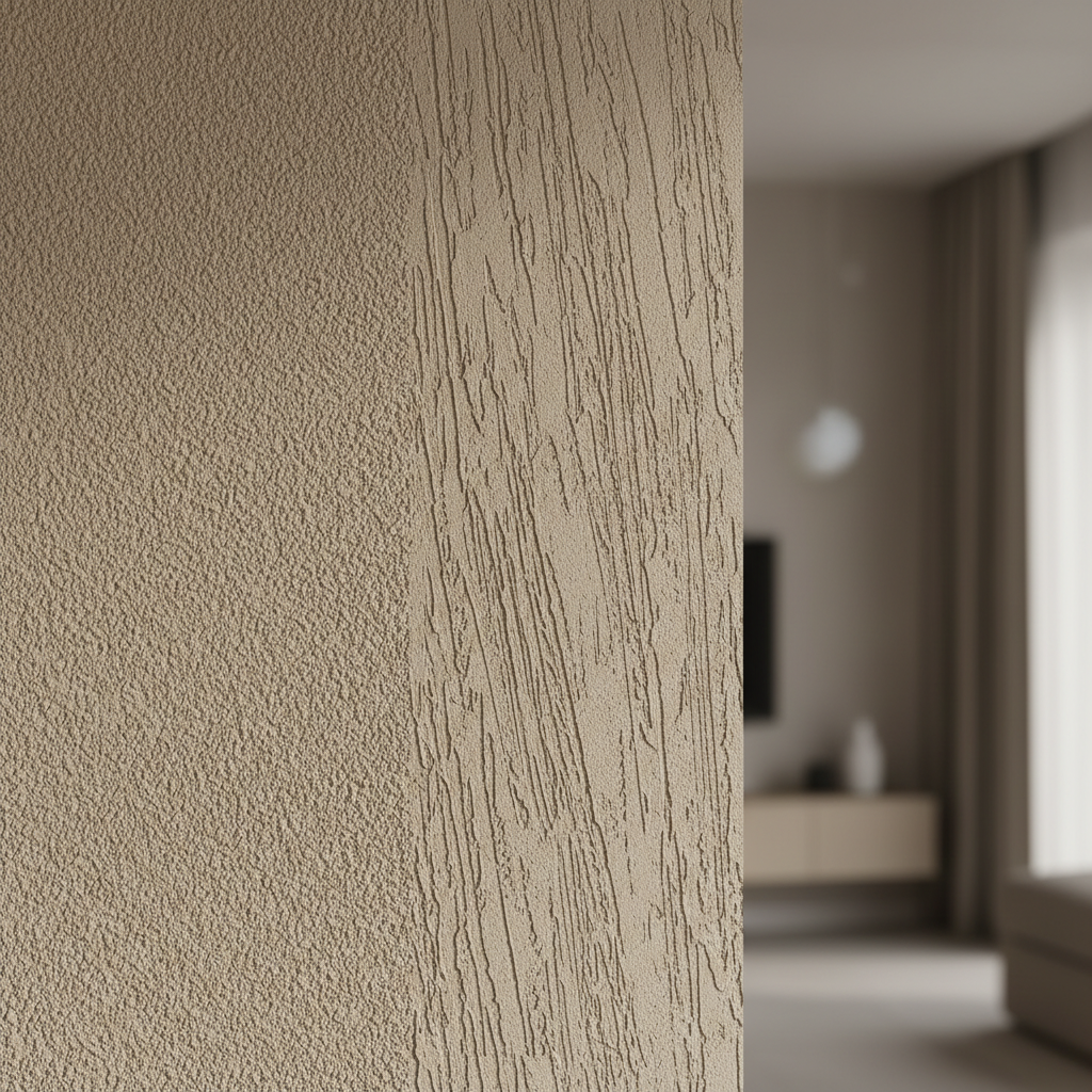 Podzielony na pół obraz przedstawiający dwie tekstury tynku na jednej, neutralnej kolorystycznie ścianie. Po lewej stronie widoczna jest gęsta i jednolita struktura 