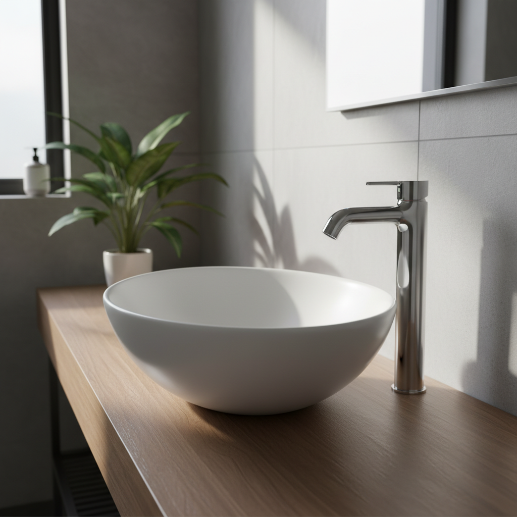 Luksusowa, minimalistyczna łazienka z dużą, białą umywalką nablatową typu misa, ustawioną na drewnianym blacie. Na blacie, obok umywalki, zamontowana jest wysoka, chromowana bateria umywalkowa Invena Dokos. Promień porannego słońca wpada przez okno, delikatnie oświetlając baterię i podkreślając jej lśniące wykończenie oraz nowoczesny kształt. W tle widać fragment ściany z szarych, wielkoformatowych płytek i zieloną roślinę w doniczce, dodającą wnętrzu życia. Ujęcie jest eleganckie, aspiracyjne i skupia się na produkcie jako centralnym punkcie aranżacji.