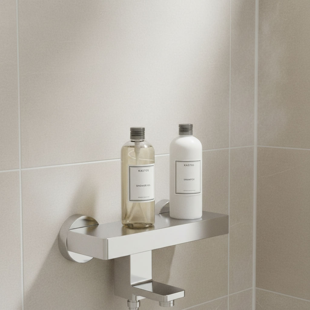Zbliżenie na chromowaną baterię prysznicową Kastos, z elegancką butelką żelu pod prysznic i szamponu stojącymi na zintegrowanej półce. Tło to minimalistyczne, jasne płytki. Delikatne oświetlenie podkreśla czystość i funkcjonalność.
