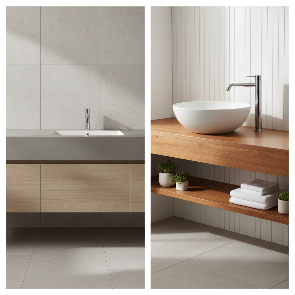 Dwie nowoczesne aranżacje łazienkowe umieszczone obok siebie. Po lewej stronie widać standardową, białą umywalkę wpuszczoną w szary blat, z zamontowaną niską wersją baterii Dokos. Po prawej stronie znajduje się duża, okrągła umywalka nablatowa na drewnianym blacie, przy której stoi wysoka bateria Dokos. Obie sceny są jasne, minimalistyczne i pokazują, jak różne wersje baterii dopasowują się do różnych typów umywalek.