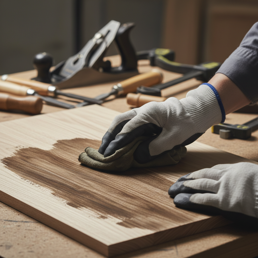 Zbliżenie na dłonie w rękawiczkach roboczych, które za pomocą miękkiej szmatki wcierają ciemną bejcę w jasne, surowe drewno blatu stołu. Widoczny jest piękny kontrast i podkreślony rysunek słojów drewna. W tle rozmyte narzędzia stolarskie.