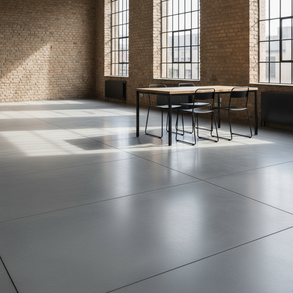 Minimalistyczne wnętrze w stylu postindustrialnym z dużą, otwartą przestrzenią. Podłoga wykonana jest z wielkoformatowych, gładkich płyt z polerowanego betonu architektonicznego w chłodnym, szarym odcieniu. Surowość betonu kontrastuje z ciepłem ceglanej ściany w tle oraz czarnymi, metalowymi ramami okien. Wnętrze jest oszczędnie umeblowane – widać jedynie prosty, drewniany stół i metalowe krzesła. Padające z boku światło tworzy na podłodze subtelne refleksy, podkreślając jej gładką, monolityczną powierzchnię.