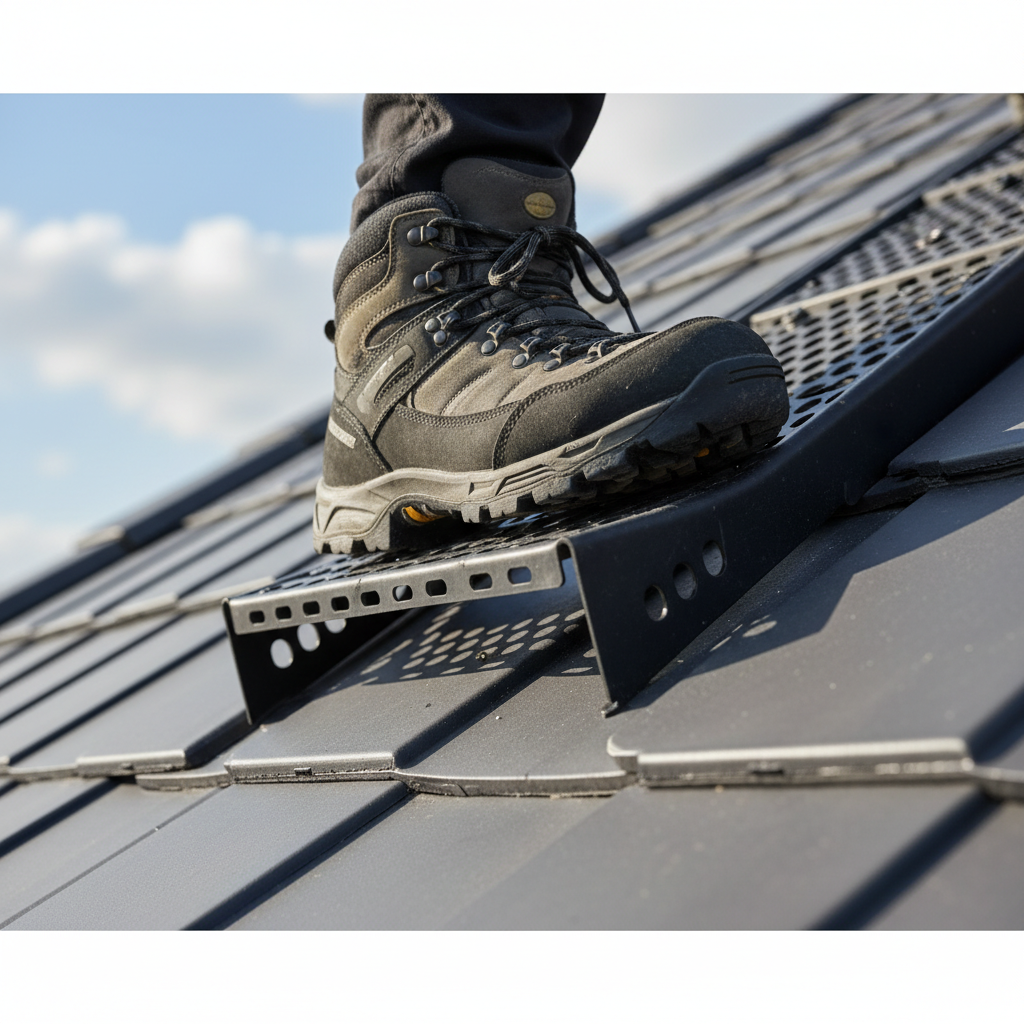 Zbliżenie na but trekkingowy dekarza, który pewnie stoi na czarnym, ażurowym stopniu kominiarskim zamontowanym na dachu z grafitowej dachówki płaskiej. W tle widać fragment połaci dachowej i niebo. Kadr skupia się na stabilności i antypoślizgowej fakturze stopnia.
