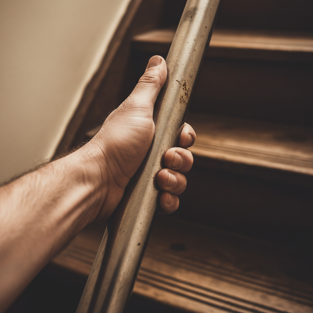 Zbliżenie na dłoń pewnie trzymającą solidną, metalową poręcz przy schodach strychowych. W tle widoczne są antypoślizgowe rowki na drewnianym stopniu. Kadr jest dynamiczny i skupiony na poczuciu bezpieczeństwa.