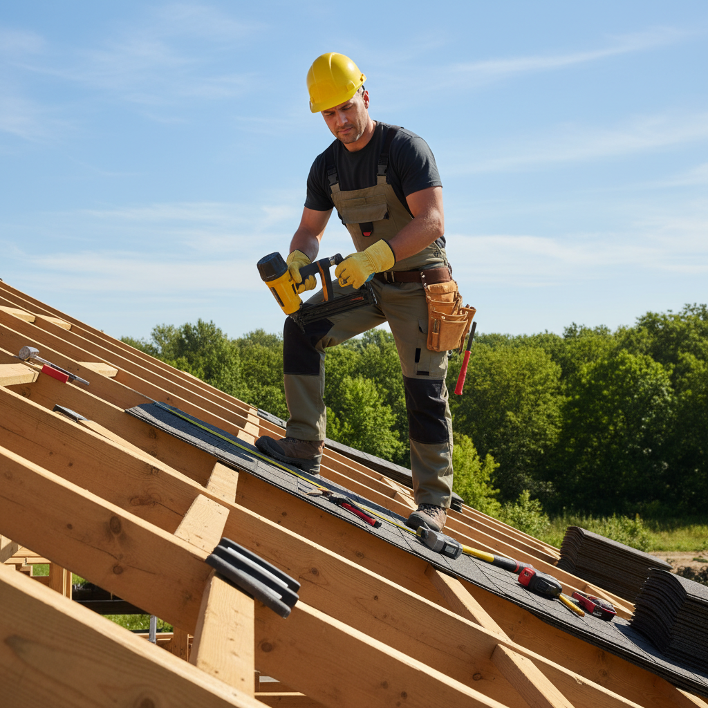 Profesjonalny dekarz w kasku i rękawicach ochronnych, stojący pewnie na drewnianej konstrukcji dachu w słoneczny dzień. W tle widać fragment nieba i drzew, a dekarz używa profesjonalnych narzędzi do montażu.