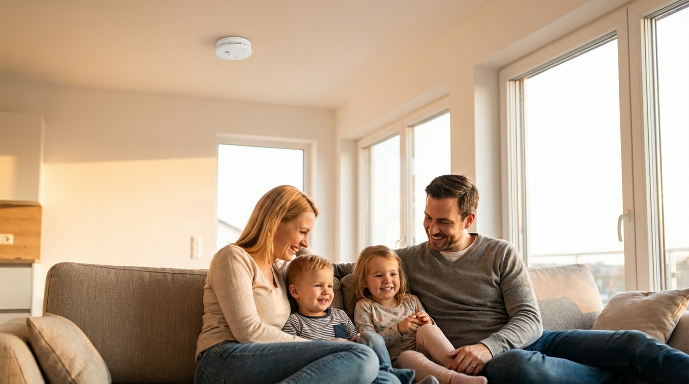 Szczęśliwa, uśmiechnięta rodzina (rodzice z dwójką dzieci) w jasnym, nowoczesnym salonie. W tle, dyskretnie widoczny na suficie, jest zamontowany czujnik dymu. Obraz ma ciepłą, pozytywną tonację, podkreślającą poczucie bezpieczeństwa i spokoju.