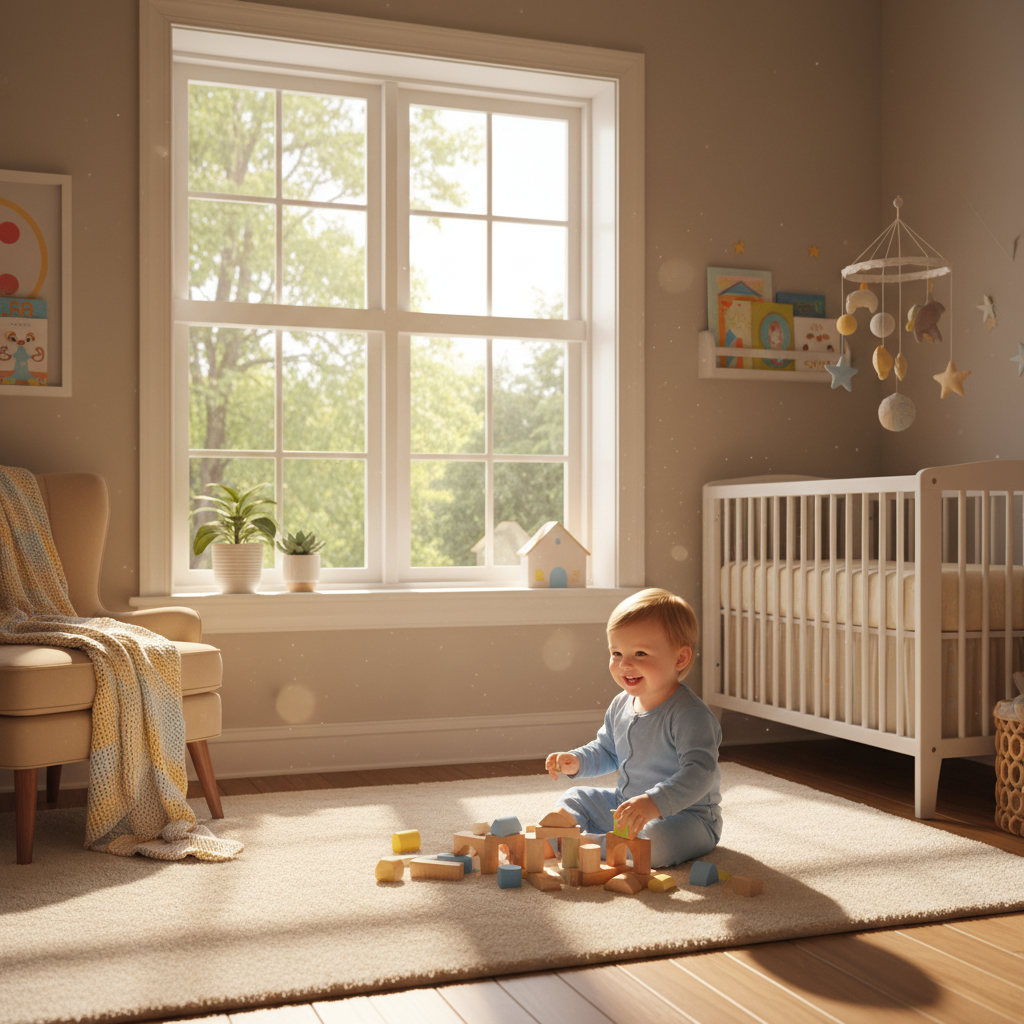 Jasny i przytulny pokój dziecka z dużym, bezpiecznym oknem. Małe dziecko bawi się klockami na podłodze w pobliżu okna, przez które wpada ciepłe, słoneczne światło. Atmosfera jest spokojna i bezpieczna. Styl fotorealistyczny, ciepłe kolory.