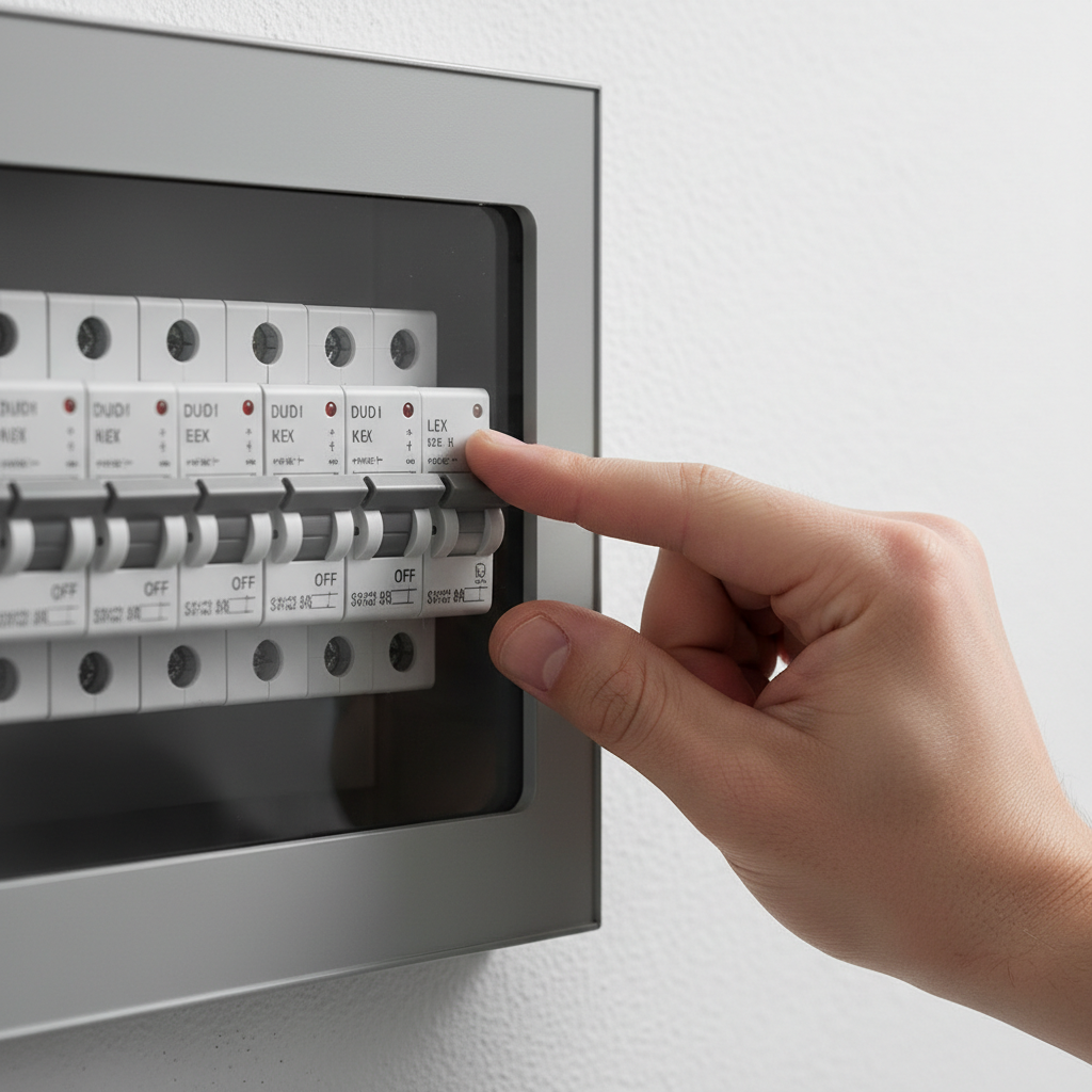 Zbliżenie na dłoń osoby wyłączającej bezpiecznik w nowoczesnej skrzynce z bezpiecznikami. Oświetlenie skupione jest na wyłączniku w pozycji 'OFF'. Czyste, minimalistyczne ujęcie symbolizujące bezpieczeństwo i kontrolę nad instalacją elektryczną.