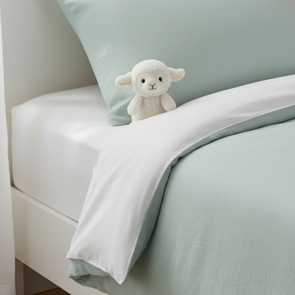 Zbliżenie na fragment łóżka dziecięcego. Widoczne jest gładkie, białe, bawełniane prześcieradło i prosta, lniana pościel w pastelowym kolorze. Obok leży jedna, mała, czysta pluszowa zabawka. Całość jest skąpana w miękkim, porannym świetle, tworząc atmosferę spokoju i czystości.