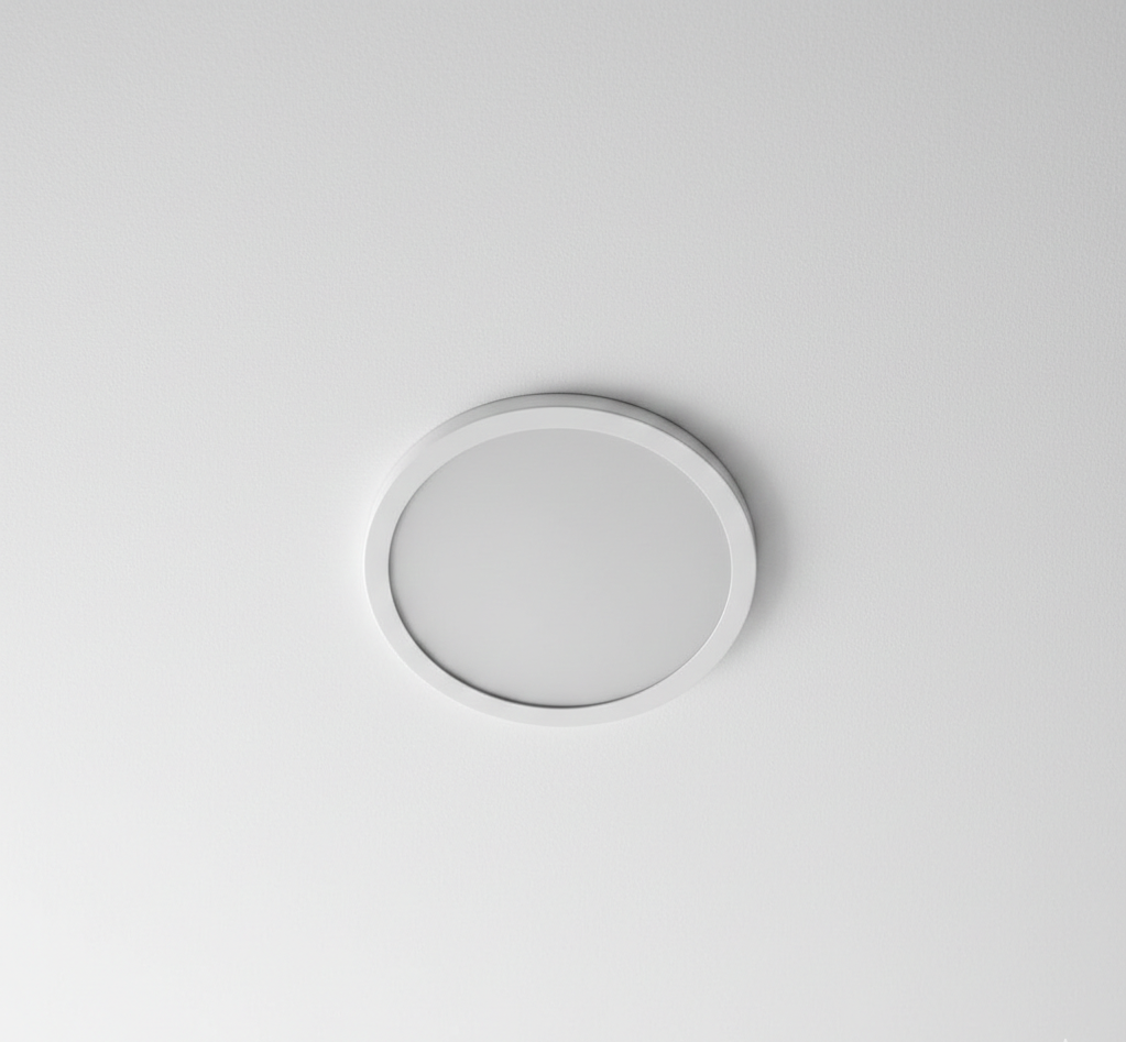 Zbliżenie na nowoczesny, biały sufit. Elegancki, okrągły świetlik tunelowy jest bezproblemowo zintegrowany, wyglądając jak stylowa, minimalistyczna lampa sufitowa (plafon). Emituje miękki, rozproszony naturalny blask. Perspektywa patrząca od dołu w górę.