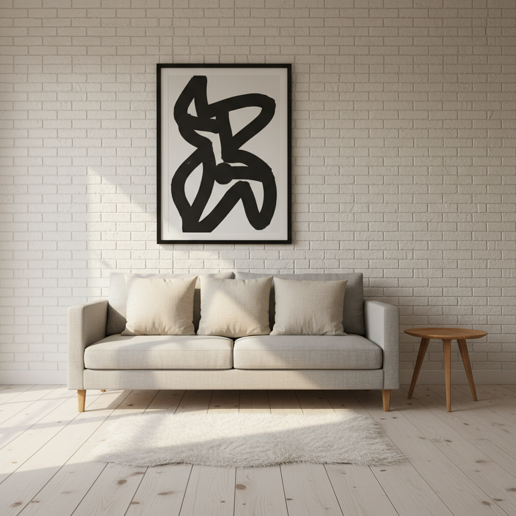 Jasny i minimalistyczny salon w stylu skandynawskim. Jedna ściana w całości pokryta jest białą cegłą, na której wisi duży, czarno-biały plakat w prostej ramie. Na tle ściany stoi prosta, szara kanapa z kilkoma lnianymi poduszkami. Obok kanapy stoi lekki, drewniany stolik z trzema nogami, a na podłodze z jasnych desek leży mały, futrzany dywanik. Do pomieszczenia wpada dużo naturalnego światła.