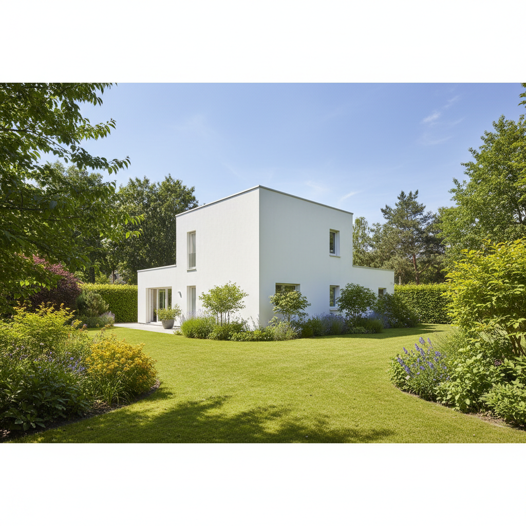 Fotorealistyczny obraz pięknego, nowoczesnego domu o prostej bryle z płaskim dachem, z idealnie białą elewacją. Dom otoczony jest bujną zielenią i zadbanym ogrodem. Słońce świeci jasno, podkreślając czystość bieli i kontrast z naturą.