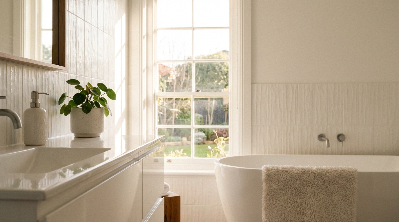 Jasna, przestronna biała łazienka skąpana w naturalnym świetle wpadającym przez duże okno. Widać fragment eleganckiej, białej szafki podumywalkowej z lśniącym blatem, na którym stoi stylowy dozownik na mydło i mała roślina w doniczce. W tle widać białe płytki o ciekawej fakturze oraz miękki, puszysty ręcznik przewieszony przez krawędź wolnostojącej wanny. Całość ma minimalistyczny, ale ciepły i przytulny charakter.