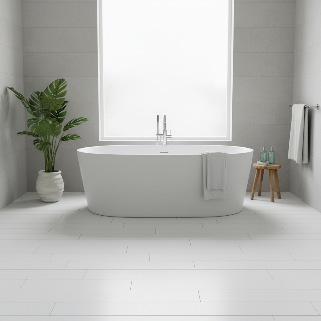 Nowoczesna, stylowa łazienka ze śnieżnobiałymi panelami laminowanymi na podłodze. Na podłodze stoi wolnostojąca biała wanna. Ściany są jasnoszare lub pokryte subtelnymi płytkami. W rogu stoi duża zielona roślina w donicy. Scena jest czysta, jasna i przypomina spa, pokazując, że podłoga nadaje się do wilgotnych pomieszczeń.