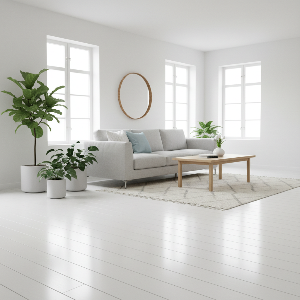 Jasny, minimalistyczny salon w stylu skandynawskim. Podłoga pokryta jest nieskazitelnymi, śnieżnobiałymi panelami laminowanymi z subtelną fakturą drewna. Przez duże okna wpada światło słoneczne, odbijając się od białej podłogi. Na środku stoi wygodna szara sofa, obok kilka zielonych roślin doniczkowych i prosty drewniany stolik kawowy. Atmosfera jest spokojna i przestronna. Ujęcie szerokokątne, fotorealistyczne.