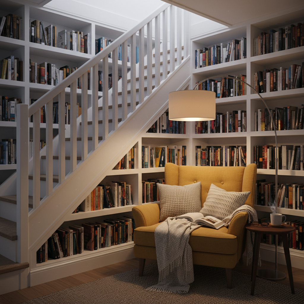 Przytulny kącik do czytania urządzony pod białymi, drewnianymi schodami. Przestrzeń jest w pełni zabudowana regałami na książki wykonanymi na wymiar. Obok stoi wygodny, tapicerowany fotel w kolorze musztardowym, a nad nim wisi nowoczesna lampa podłogowa dająca ciepłe, skupione światło. Całość tworzy ciepłą i zachęcającą do relaksu atmosferę.