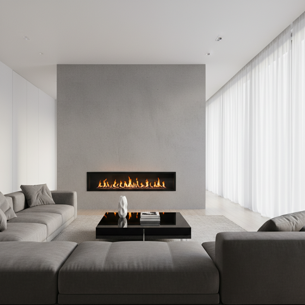 Nowoczesny, minimalistyczny salon z dużą szarą kanapą i stolikiem kawowym. W centralnym punkcie, na gładkiej, betonowej ścianie, wisi panoramiczny, czarny biokominek z hipnotyzującym, żywym płomieniem. Wnętrze jest jasne, oświetlone delikatnym, rozproszonym światłem wpadającym przez duże okna. Całość tworzy atmosferę luksusu, ciepła i relaksu.