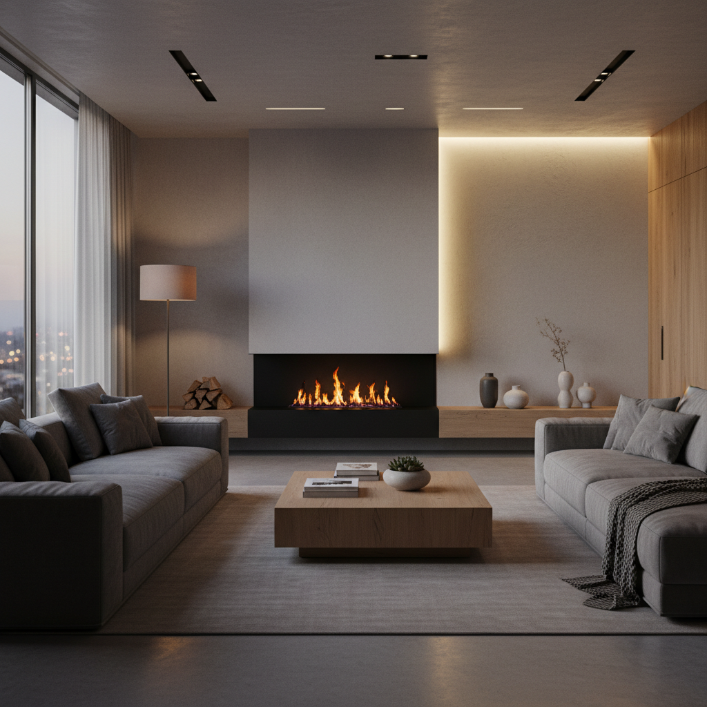 Nowoczesny, minimalistyczny salon wieczorem. W centrum uwagi znajduje się stylowy, czarny biokominek w zabudowie ściennej, z którego wydobywają się tańczące, ciepłe płomienie. Wnętrze jest urządzone w odcieniach szarości i naturalnego drewna, z dużą, wygodną sofą i nastrojowym oświetleniem. Ciepłe światło ognia tworzy przytulną, relaksującą i luksusową atmosferę. Obraz jest fotorealistyczny, o wysokiej jakości.