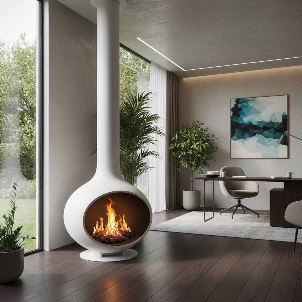 Eleganckie, nowoczesne biuro domowe. Na podłodze z ciemnego drewna stoi designerski, biały, wolnostojący biokominek o futurystycznym, zaokrąglonym kształcie. Jego płomienie odbijają się w dużym oknie, za którym widać zielony ogród. Wnętrze jest jasne, luksusowe i inspirujące, a biokominek stanowi w nim centralny punkt relaksu.