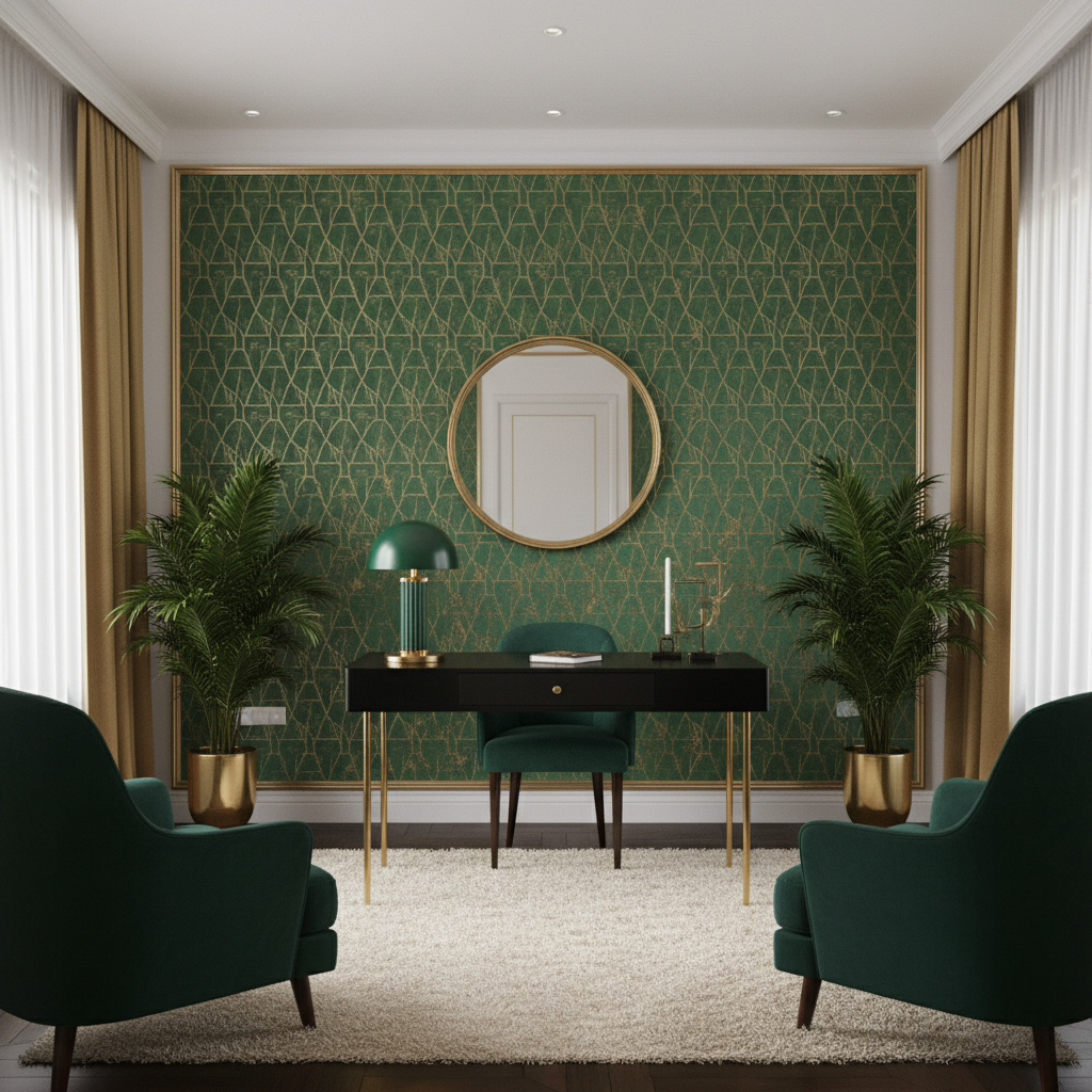 Elegancki salon w stylu glamour, gdzie centralnym punktem jest ściana za biurkiem pokryta tapetą w odcieniach butelkowej zieleni ze złotym, geometrycznym wzorem. Na tym tle stoi smukłe, czarne biurko na złotych nogach. Na blacie designerska lampa z mosiężną podstawą i zielonym kloszem, a obok stylowy notatnik. Całość tworzy luksusową i inspirującą przestrzeń do pracy.