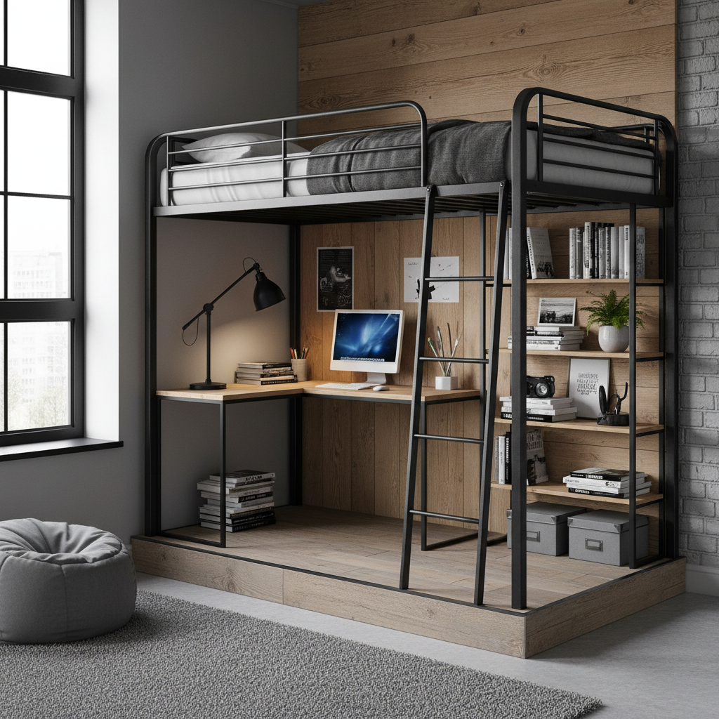 Stylowy pokój nastolatka z eleganckim, czarnym metalowym łóżkiem na antresoli. Pod nim znajduje się dobrze oświetlone biurko z komputerem, książkami i lampką. Wnętrze ma nowoczesny, lekko industrialny charakter, z elementami drewna i cegły. Całość jest schludna i zorganizowana, pokazując idealną strefę do nauki.