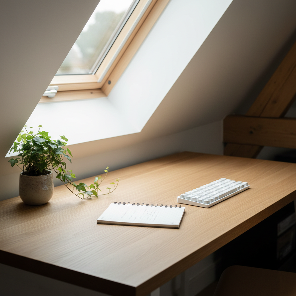 Minimalistyczne drewniane biurko ustawione prostopadle do dużego okna dachowego w gabinecie na poddaszu. Delikatne światło dzienne pada na blat z boku, idealnie oświetlając notes i klawiaturę. Na parapecie stoi doniczka z zieloną rośliną. Ujęcie skupione na ergonomii i naturalnym świetle.