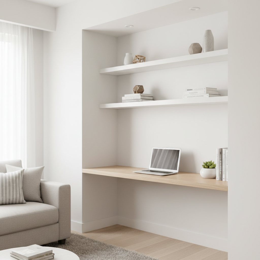 Nowoczesny salon, w którym jasna, dobrze oświetlona wnęka została przekształcona w mini-biuro. Blat z jasnego drewna jest zamontowany od ściany do ściany. Nad nim wiszą dwie proste, białe półki z książkami i kilkoma minimalistycznymi dekoracjami. Na biurku stoi laptop i mała roślina doniczkowa. Całość jest schludna, zorganizowana i doskonale wkomponowana w przestrzeń.