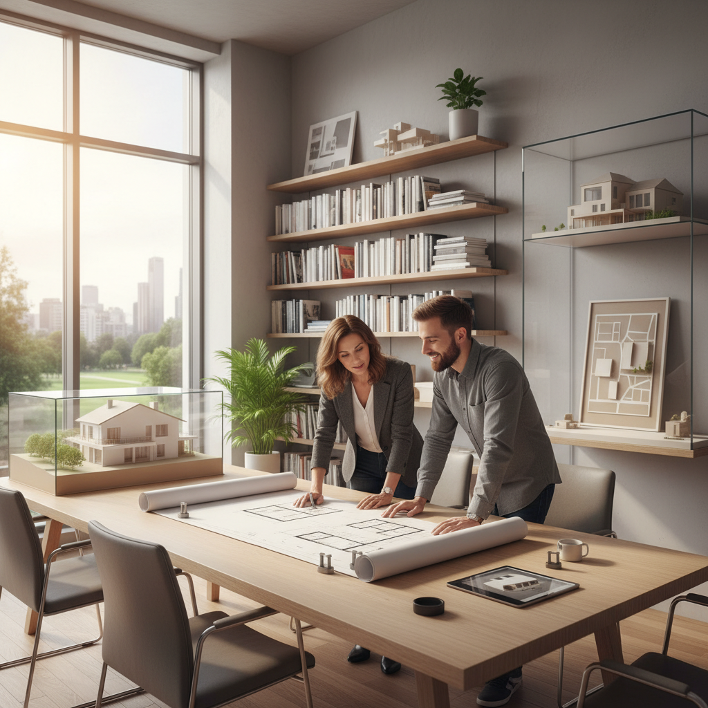 Jasne, nowoczesne biuro architektoniczne. Młody architekt i para klientów (inwestorzy) pochylają się nad dużym stołem, na którym rozłożone są plany budowlane domu jednorodzinnego. W tle widać modele architektoniczne i regały z książkami. Ciepłe, naturalne światło wpada przez duże okno. Atmosfera jest profesjonalna, ale przyjazna i pełna współpracy.