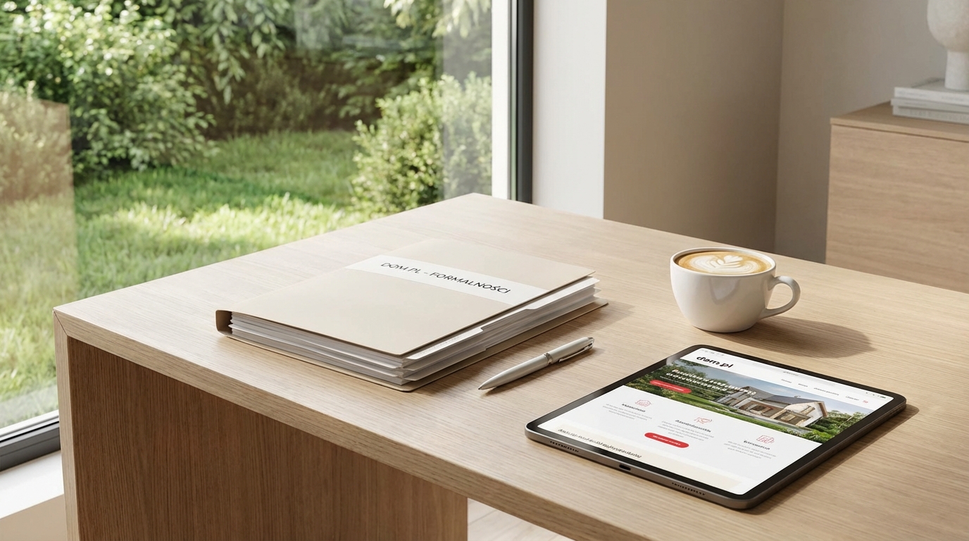 Nowoczesne, minimalistyczne biurko z widokiem na zieleń za oknem. Na biurku leżą starannie ułożone dokumenty, elegancki długopis, filiżanka kawy i tablet wyświetlający stronę portalu dom.pl. Całość w jasnej, uspokajającej kolorystyce, symbolizującej zorganizowany i bezstresowy proces formalności.