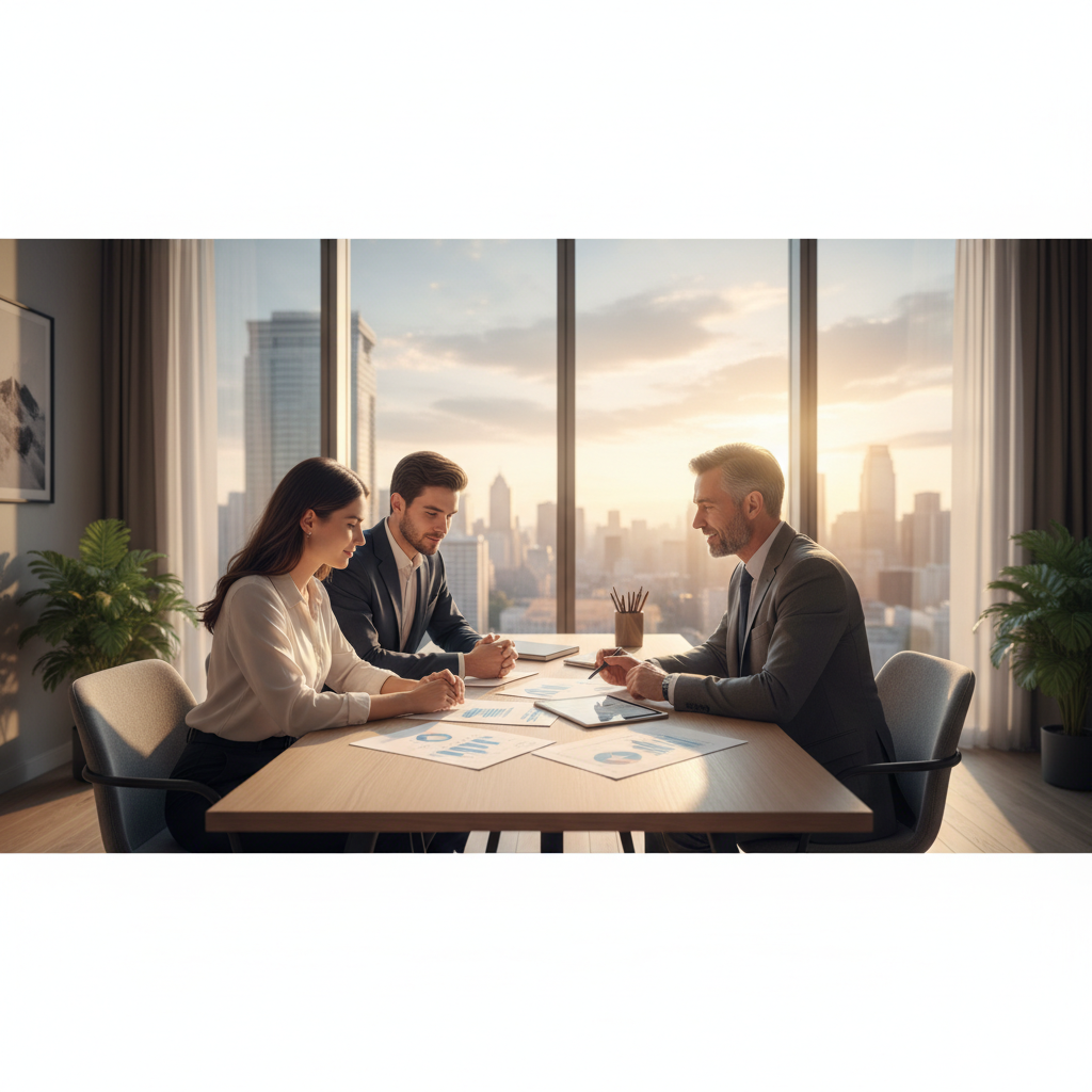 Eleganckie, minimalistyczne biuro z dużym oknem z widokiem na panoramę miasta. Młoda para siedzi przy dębowym stole naprzeciwko profesjonalnego doradcy finansowego. Wszyscy są skupieni na dokumentach i tablecie leżącym na stole. Atmosfera jest poważna, ale optymistyczna, sugerująca planowanie ważnej życiowej decyzji.