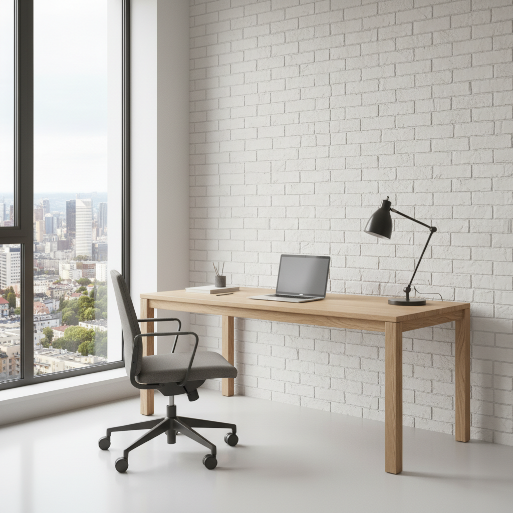 Jasne, minimalistyczne domowe biuro z widokiem na miasto. Ściana za drewnianym biurkiem pokryta jest białymi płytkami cegłopodobnymi Stegu Parma. Na biurku stoi nowoczesny laptop i prosta, czarna lampka. Grafitowy, ergonomiczny fotel dodaje profesjonalnego charakteru. Światło dzienne podkreśla trójwymiarową strukturę cegły.