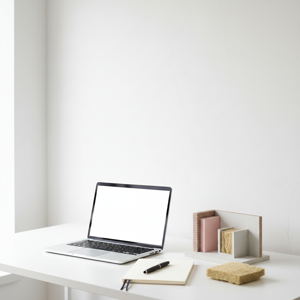 Jasne, minimalistyczne biurko z laptopem i notatnikiem. W tle widać fragment ściany z idealnie gładkim, nowym tynkiem. Na biurku leży próbka wełny mineralnej i mały model przekroju ściany z ociepleniem, co symbolizuje etap planowania i podejmowania świadomych decyzji budowlanych.