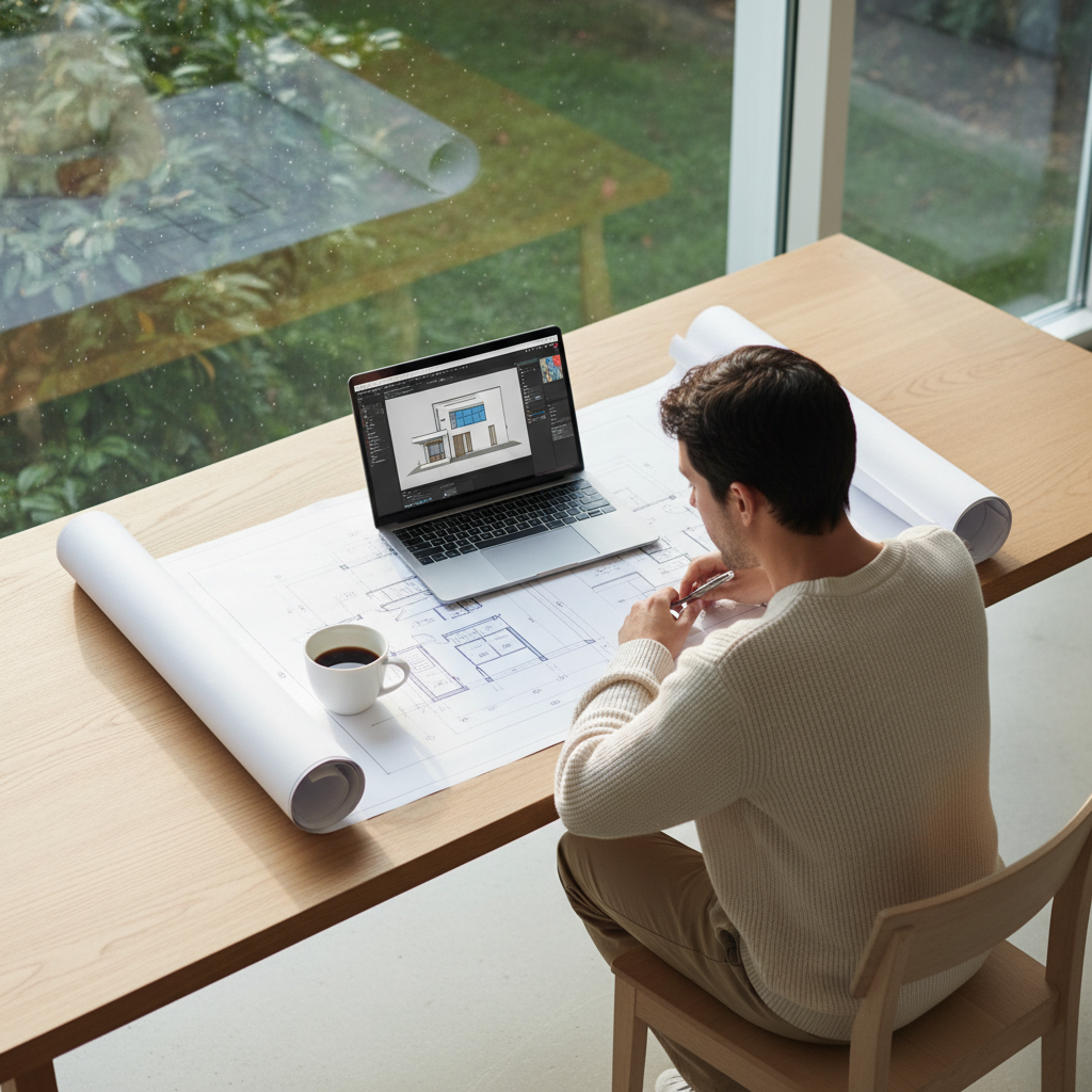 Jasne, minimalistyczne biurko z drewna, na którym leży otwarty laptop, plany architektoniczne domu oraz filiżanka kawy. Obok siedzi osoba w skupieniu analizująca dokumenty. Przez okno wpada delikatne, poranne światło, tworząc atmosferę planowania i podejmowania ważnych decyzji.