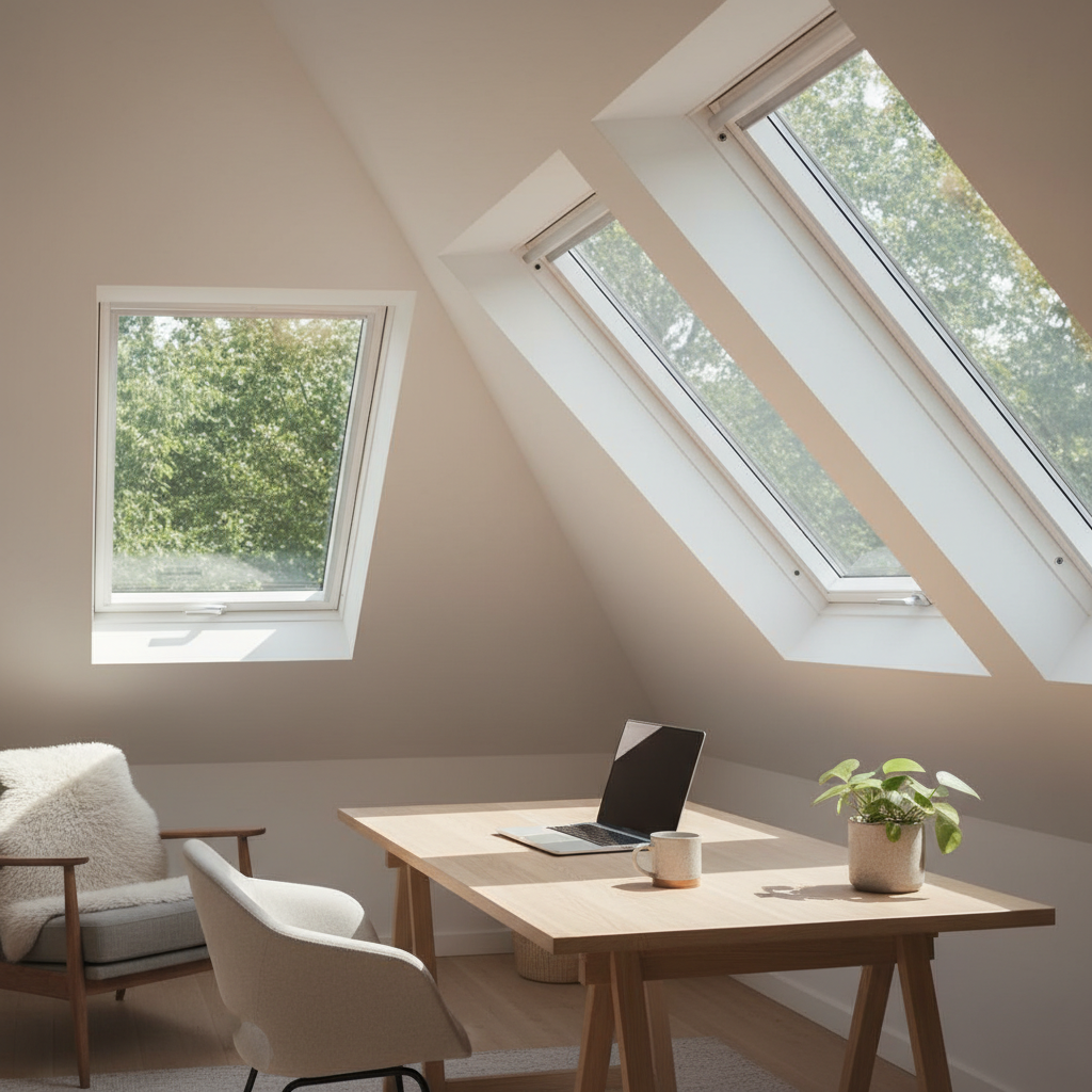 Jasne, nowoczesne domowe biuro na poddaszu z dużymi oknami dachowymi. Promienie słońca delikatnie oświetlają drewniane biurko z laptopem. Wnętrze jest minimalistyczne, w stylu skandynawskim, z widokiem na zielone korony drzew za oknem. Fotorealistyczne, ciepłe i inspirujące oświetlenie.