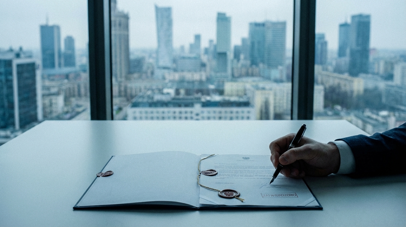 Widok na eleganckie, minimalistyczne biurko w nowoczesnym biurze z dużym oknem wychodzącym na panoramę miasta. Na biurku leży otwarty dokument z pieczęciami. Dłoń urzędnika w garniturze właśnie składa podpis pod dokumentem. Światło jest chłodne i formalne, co podkreśla wagę i bezosobowy charakter podejmowanej decyzji administracyjnej.