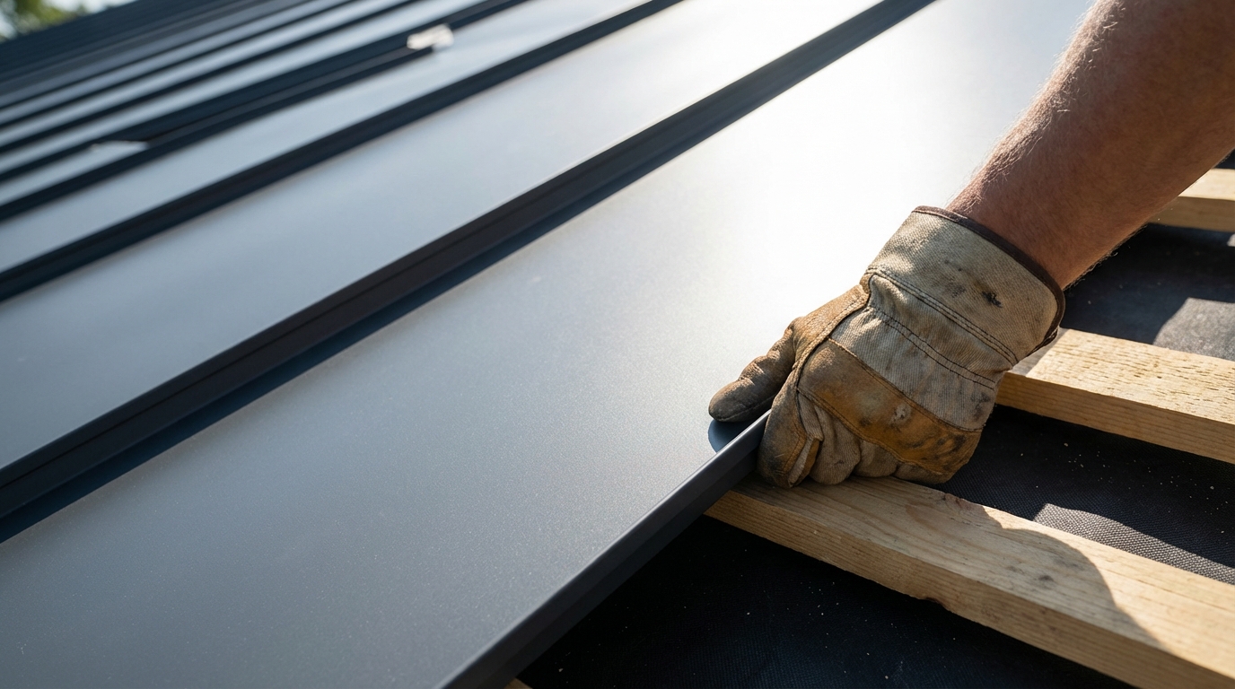 Zbliżenie na dłoń dekarza w rękawicy roboczej, który precyzyjnie montuje panel nowoczesnej, grafitowej blachodachówki modułowej na drewnianych łatach. W tle widać fragment nowo położonego dachu, lśniącego w słońcu. Ujęcie podkreśla nowoczesność, estetykę i łatwość montażu produktu.