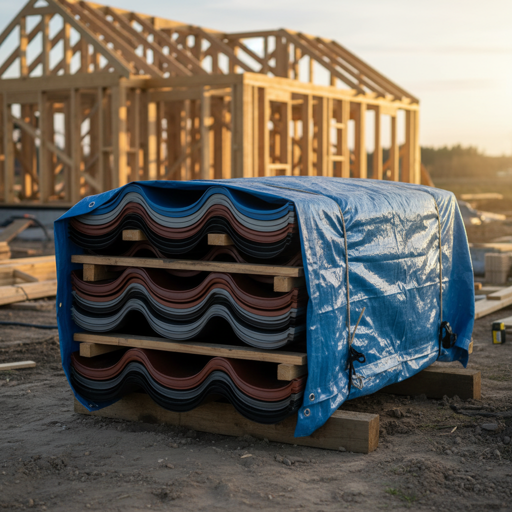 Stos arkuszy blachodachówki prawidłowo zabezpieczony na placu budowy. Arkusze leżą na drewnianych klockach, są przełożone listewkami dystansującymi i starannie przykryte plandeką. W tle widać szkielet budowanego domu, co tworzy realistyczny i praktyczny kontekst sceny.