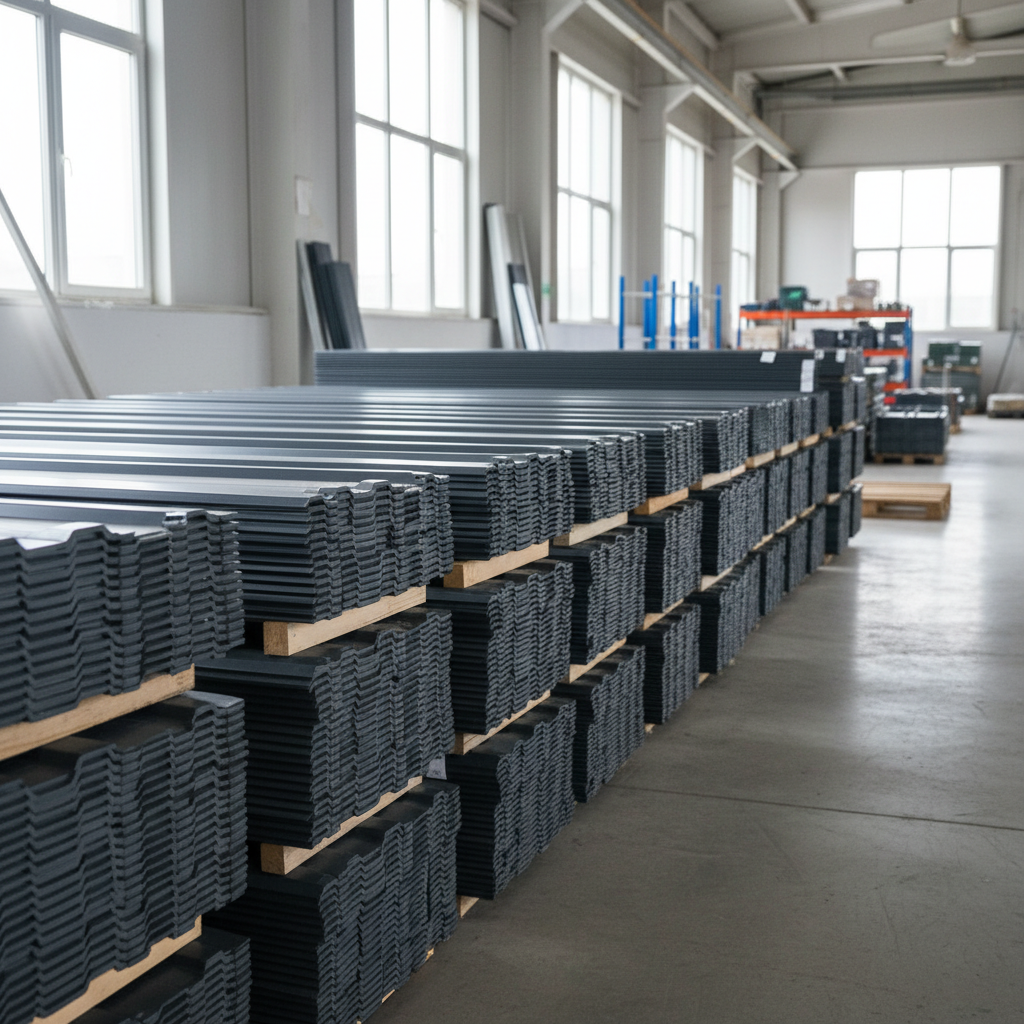 Idealnie ułożone stosy nowej blachodachówki w kolorze grafitowym, przechowywane wewnątrz jasnego, przestronnego magazynu budowlanego. Arkusze są przełożone listewkami, a światło wpadające przez okna podkreśla ich nienaganną powierzchnię, symbolizując profesjonalne i bezpieczne podejście do materiału.