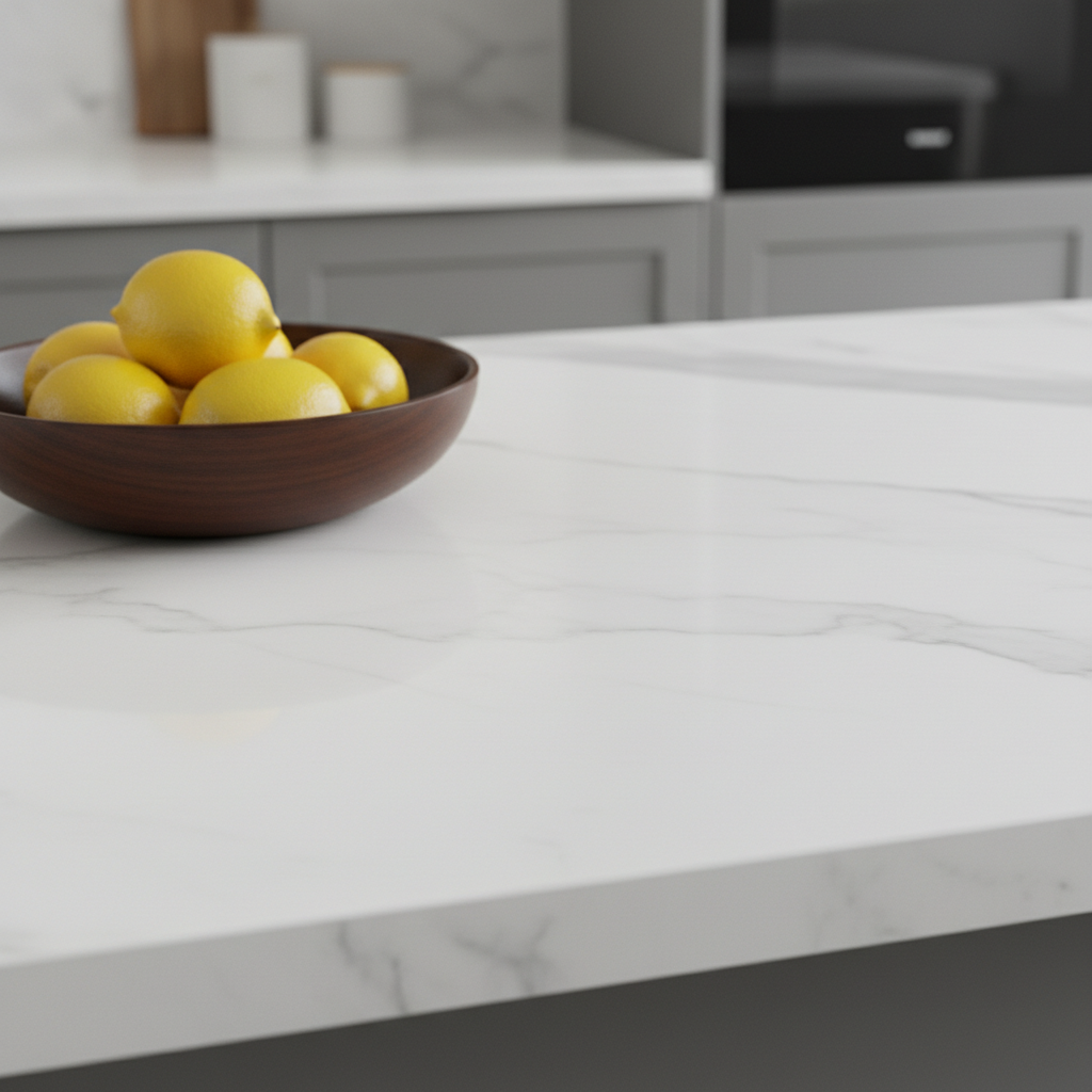 Luksusowe ujęcie detalu blatu kuchennego wykonanego z laminatu wiernie imitującego biały marmur Carrara z delikatnymi, szarymi żyłkami. Na idealnie gładkiej, satynowej powierzchni stoi ciemnobrązowa drewniana misa wypełniona świeżymi cytrynami. W tle, w miękkim rozmyciu, widać fragment szarych szafek kuchennych. Scena jest minimalistyczna, elegancka i podkreśla piękno dekoru.
