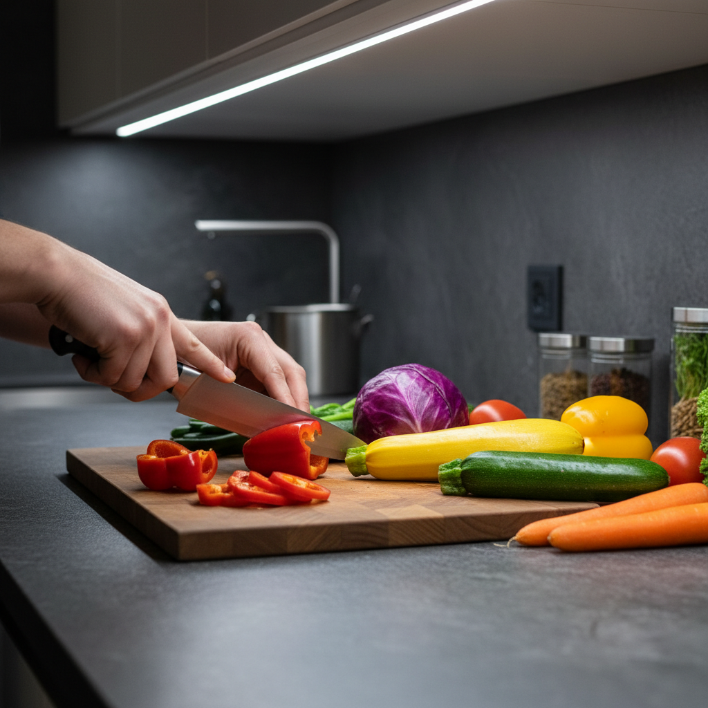 Zbliżenie na dłonie szefa kuchni precyzyjnie krojącego świeże, kolorowe warzywa na nowoczesnym, ciemnym blacie kuchennym. Blat jest doskonale i równomiernie oświetlony od góry przez ukrytą listwę LED zamontowaną pod szafką wiszącą. Światło jest neutralne i czyste, idealnie oddając barwy składników, bez rzucania cieni na deskę do krojenia.