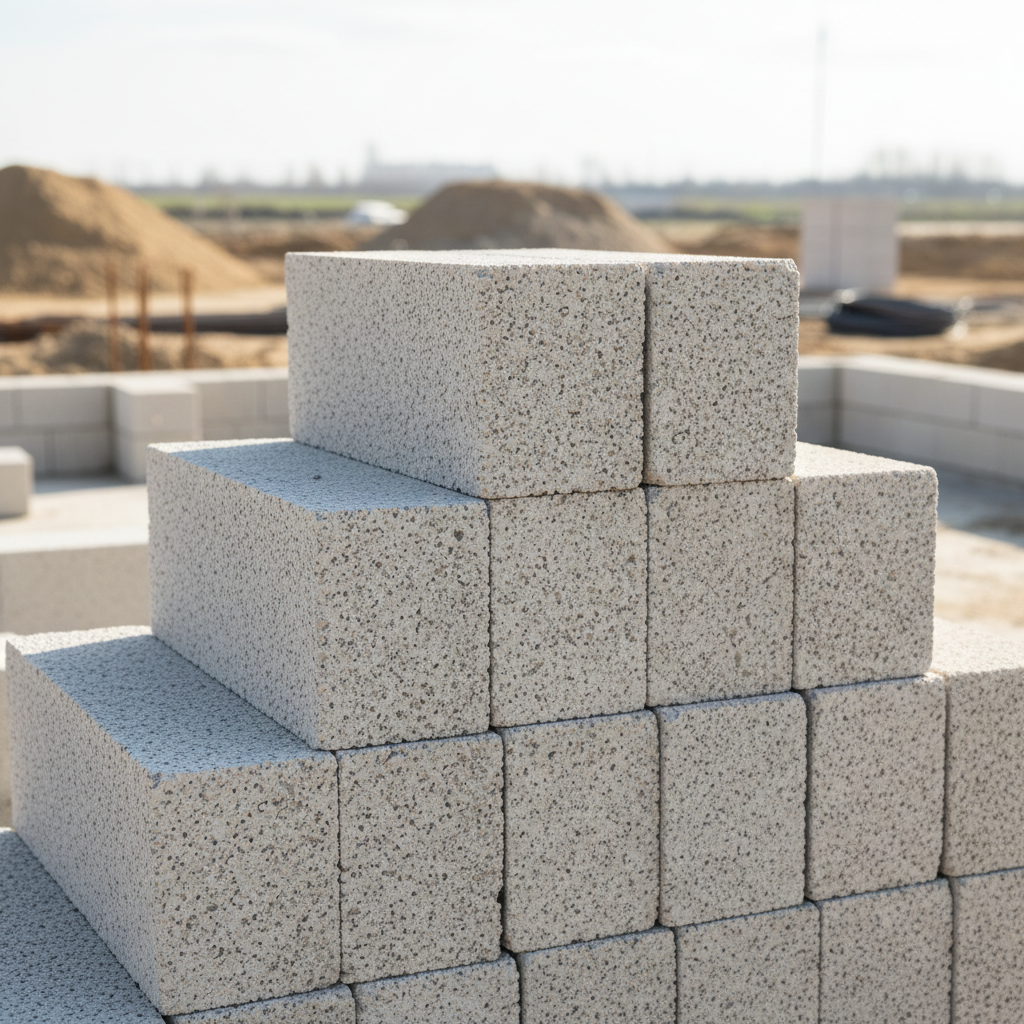 Zdjęcie przedstawiające kilka ułożonych na sobie bloczków z betonu komórkowego, podkreślające ich porowatą strukturę i precyzyjne wymiary. Tło powinno być neutralne, np. na placu budowy.
